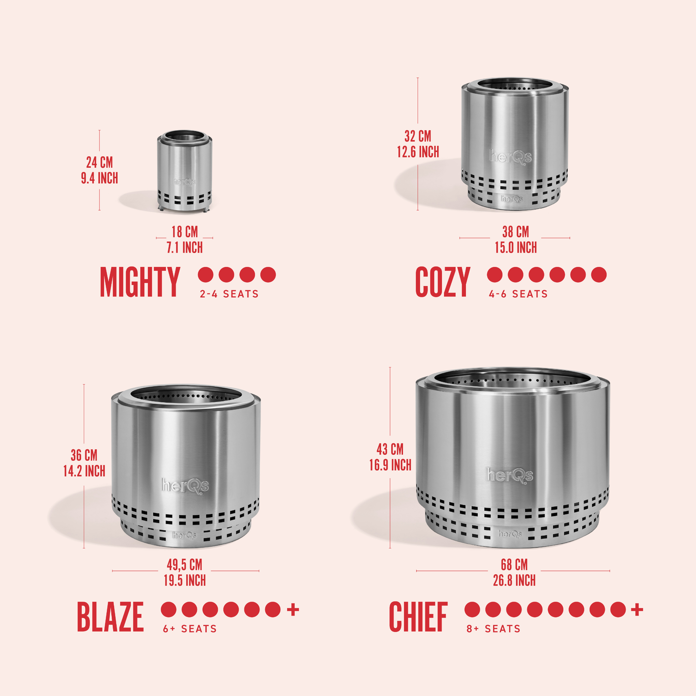 Mighty: 18 cm breed en 24 cm hoog. Cozy: 38 en 32 cm. Blaze: 49,5 en 36 cm. Chief: 68 en 43 cm.